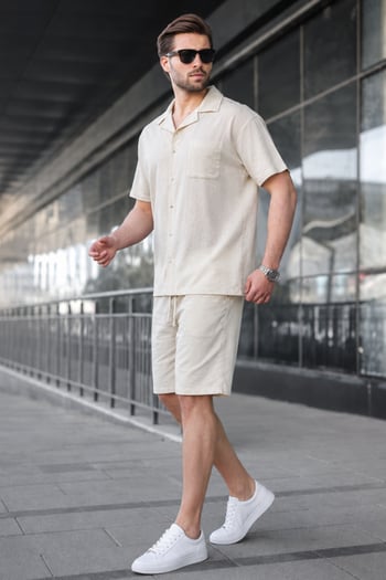 Erkek Bej Basic Oversize Gömlek Takımı 5588
