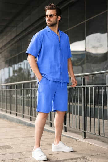Erkek Mavi Basic Oversize Gömlek Takımı 5588