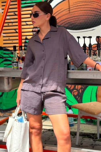 Kahverengi Kısa Kollu Modal Gömlek Şort Takım MG2739