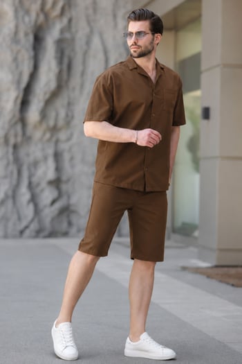 Erkek Kahverengi Basic Oversize Gömlek Takımı 5588