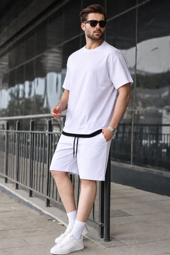 Madmext Beyaz Oversize  Erkek Şort Takımı 5668