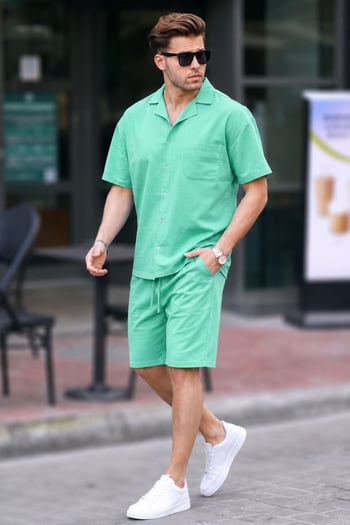 Erkek Yeşil Basic Oversize Gömlek Takımı 5588