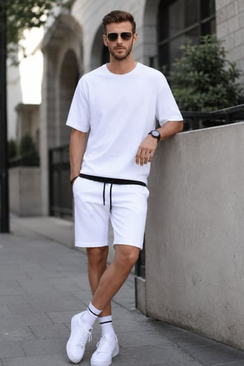 Madmext Beyaz Oversize  Erkek Şort Takımı 5668