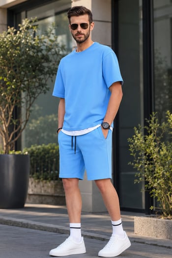 Madmext Mavi Oversize Erkek Şort Takımı 5668