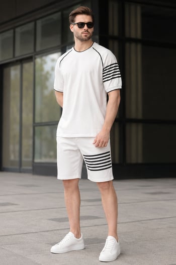 Siyah Baskılı Reglan Kol Erkek Şort T-shirt Takımı E7306