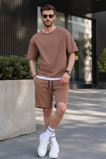 Madmext Men Brown T-shirt Shorts Set 5668