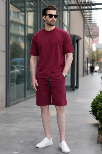 Bordo Bisiklet Yaka Basic Erkek Şort Takımı 5953