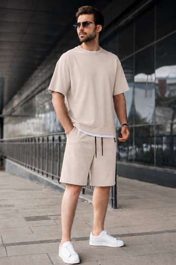 Madmext Bej Oversize Erkek Şort Takımı 5668