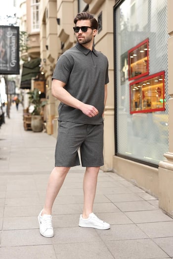 Antrasit Polo Yaka T-shirt Şort Takım E7363