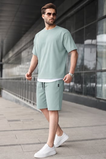 Madmext Çağla Yeşili Oversize Erkek Şort Takımı 5668