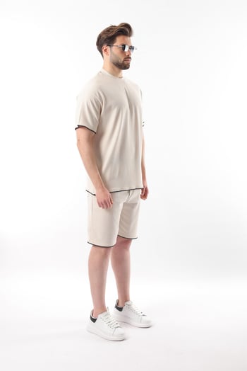 Bej Nakış Detaylı Erkek Şort T-shirt Takım E7305