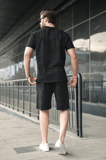 Siyah Batik Desenli Overfit Şort T-shirt Takım E7357