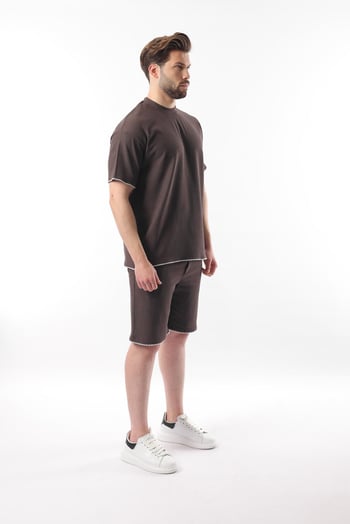  Kahverengi Nakış Detaylı Erkek Şort T-shirt Takım E7305