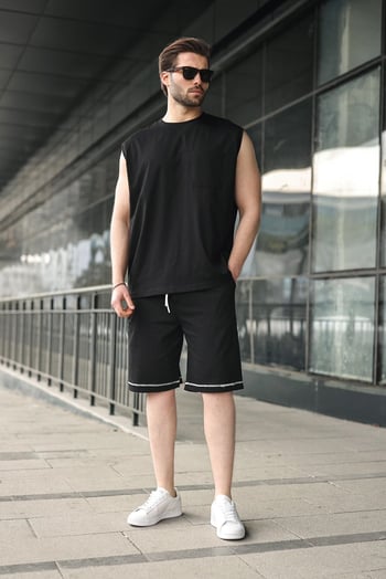 Siyah Bisiklet Yaka Kolsuz Erkek Şort T-shirt Takım E7351