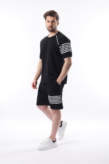 Siyah Baskılı Reglan Kol Erkek Şort T-shirt Takımı E7306