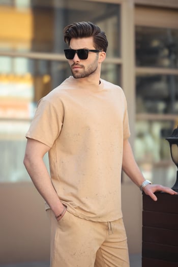 Bej Basic Erkek Şort T-shirt Takımı E7309