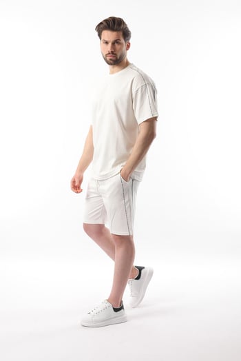 Ekru Overfit Baskılı Erkek Şort T-shirt Takım E7302