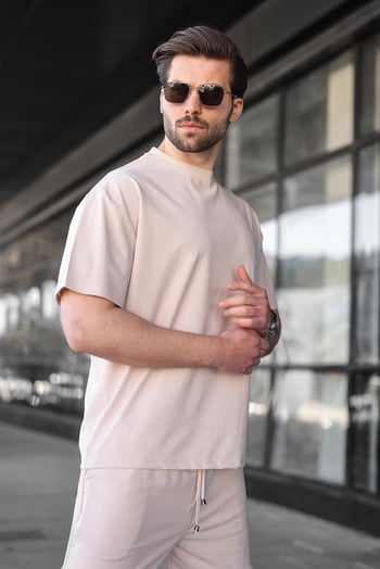 Bej Tensel Kumaş Erkek Şort Tişört Takım E7349