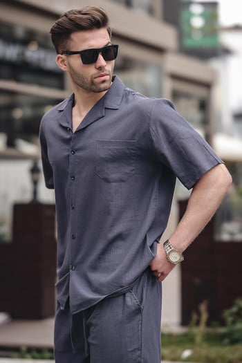 Erkek Füme Basic Oversize Gömlek Takımı 5588