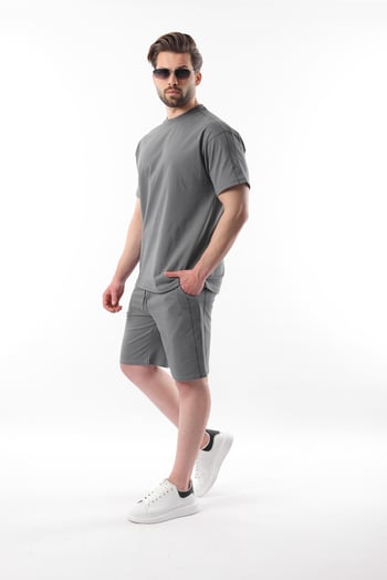 Füme Overfit Baskılı Erkek Şort T-shirt Takım E7302