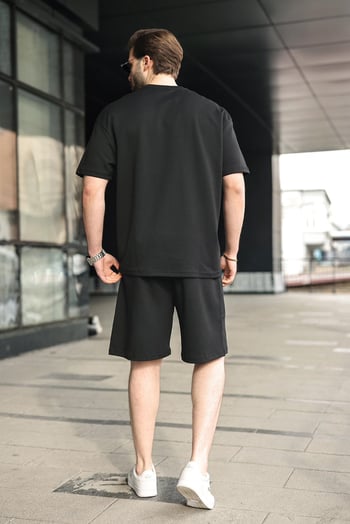 Siyah Bisiklet Yaka Oversize Erkek Şort T-shirt Takım E7355