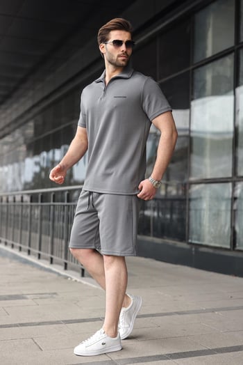 Füme Yarım Fermuarlı Polo Yaka T-shirt Şort Takım E7348