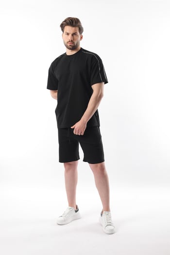 Siyah Overfit Baskılı Erkek Şort T-shirt Takım E7302