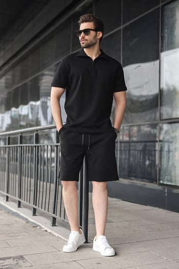 Siyah Yarım Fermuarlı Polo Yaka T-shirt Şort Takım E7348