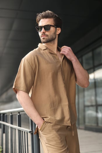 Camel Tensel Kumaş Erkek Şort Gömlek Takım E7352