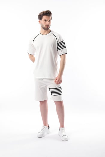 Ekru Baskılı Reglan Kol Erkek Şort T-shirt Takımı E7306
