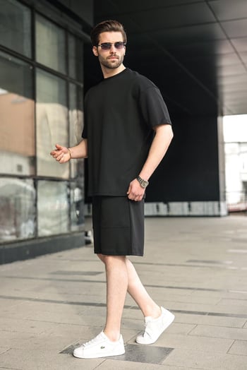 Siyah Bisiklet Yaka Oversize Erkek Şort T-shirt Takım E7355