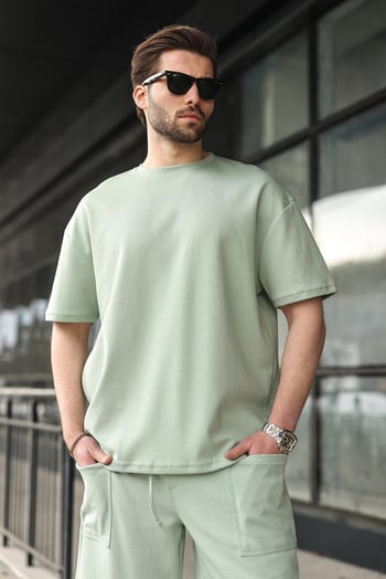 Çağla Yeşili Bisiklet Yaka Oversize Erkek Şort T-shirt Takım E7355