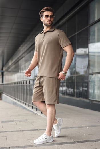 Haki Yarım Fermuarlı Polo Yaka T-shirt Şort Takım E7348