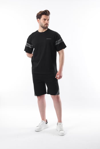 Siyah Şerit Detaylı Erkek Şort T-shirt Takım E7301