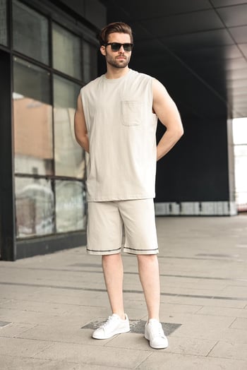 Boyalı Gri Bisiklet Yaka Kolsuz Erkek Şort T-shirt Takım E7351