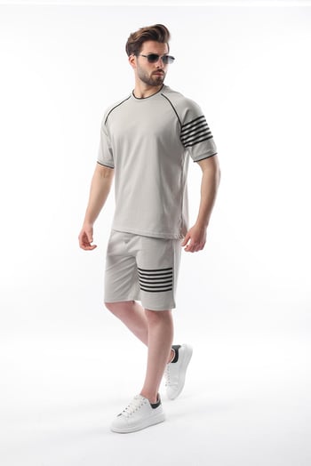 Boyalı Gri Baskılı Reglan Kol Erkek Şort T-shirt Takımı E7306