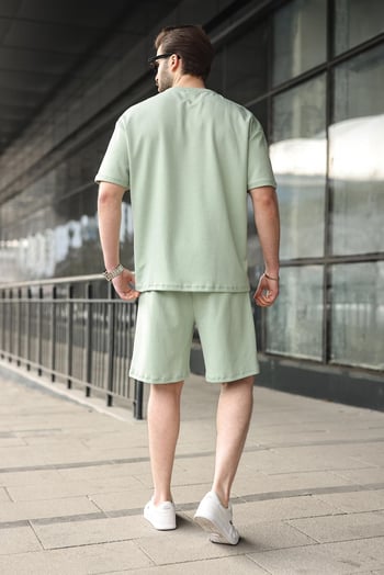 Çağla Yeşili Bisiklet Yaka Oversize Erkek Şort T-shirt Takım E7355