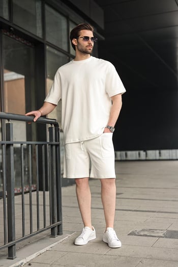 Ekru Bisiklet Yaka Oversize Erkek Şort T-shirt Takım E7355