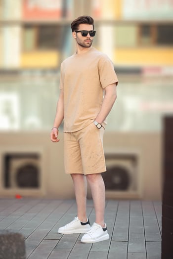 Bej Basic Erkek Şort T-shirt Takımı E7309