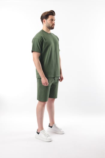 Haki Overfit Baskılı Erkek Şort T-shirt Takım E7302