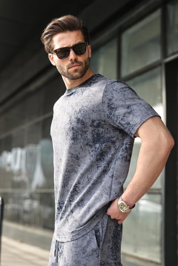 Lacivert Batik Desenli Overfit Şort T-shirt Takım E7357