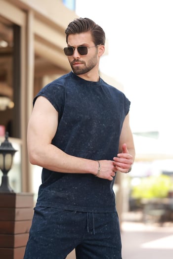 Lacivert  Basic Erkek Yırtık Detaylı Şort T-shirt Takım E7319