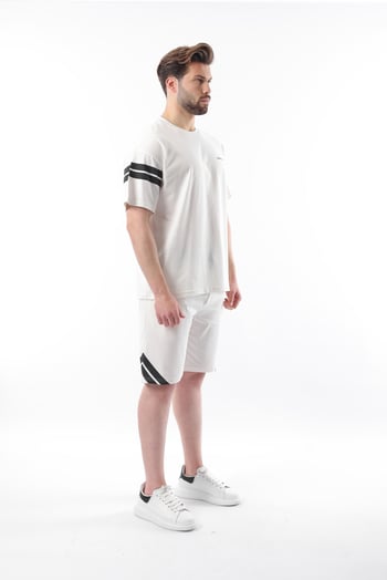 Ekru Şerit Detaylı Erkek Şort T-shirt Takım E7301