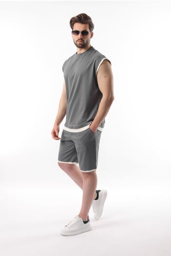 Füme  Sıfır Kol Erkek Şort T-shirt Takım E7308