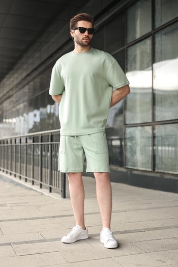 Çağla Yeşili Bisiklet Yaka Oversize Erkek Şort T-shirt Takım E7355