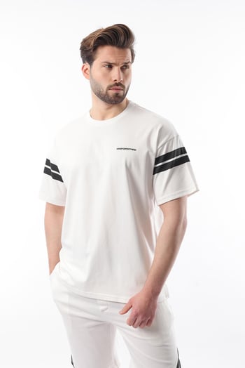 Ekru Şerit Detaylı Erkek Şort T-shirt Takım E7301