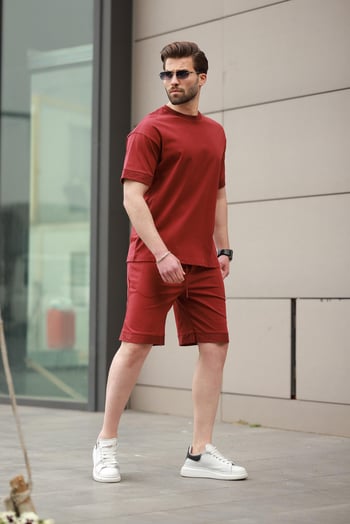 Bordo Baskılı %100 Pamuklu Erkek Şort Tişört Takım E7312