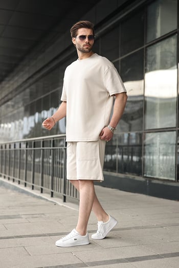 Taş Rengi Bisiklet Yaka Oversize Erkek Şort T-shirt Takım E7355