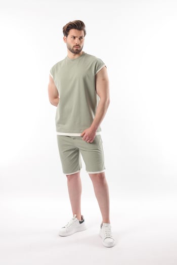 Mint Yeşili Sıfır Kol Erkek Şort T-shirt Takım E7308