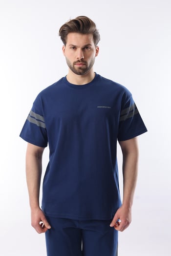 Lacivert Şerit Detaylı Erkek Şort T-shirt Takım E7301